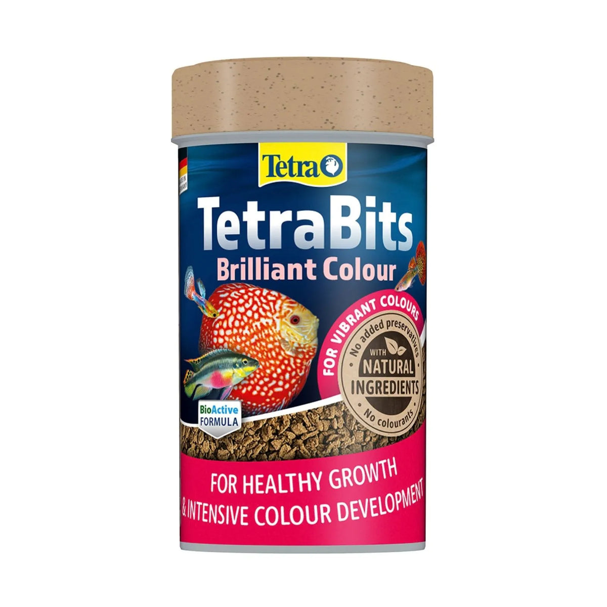 A canister of Tetra Bits Brilliant Colour fish food, featuring a blue label with illustrations of colorful tetra fish, a brown lid, and a pink bottom band, set against a plain white background.
