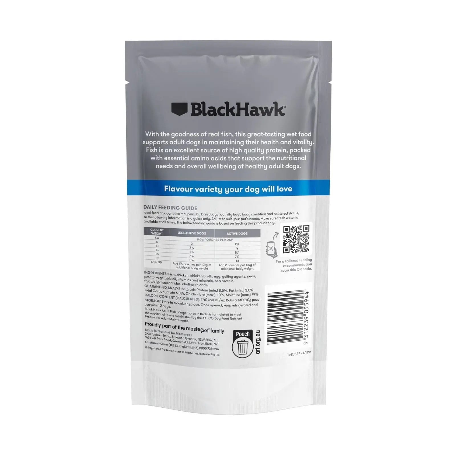 Black Hawk Dog Food Pouch Adult Fish & Vegetables 10x140g Black Hawk