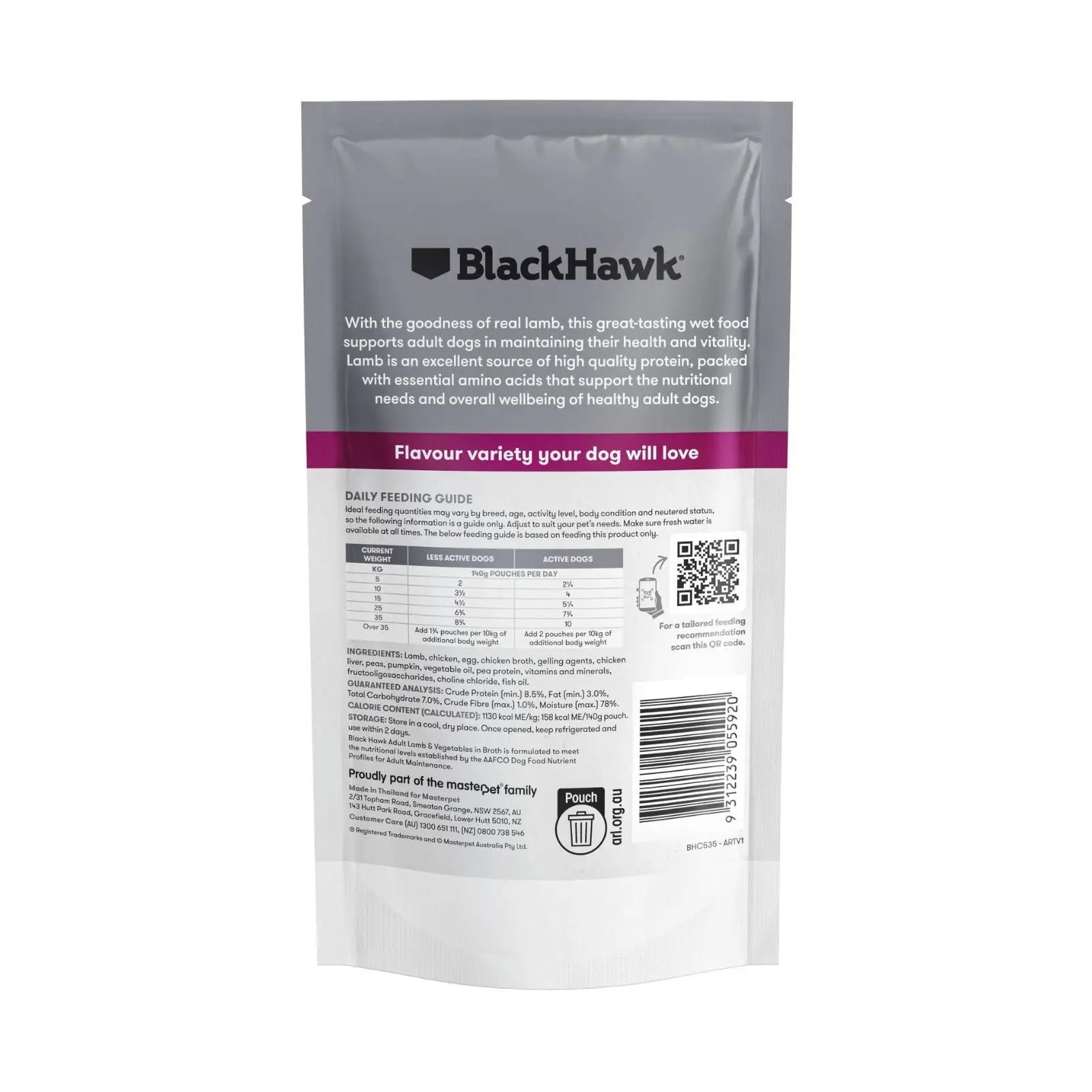 Black Hawk Dog Food Pouch Adult Lamb & Vegetables 10x140g Black Hawk