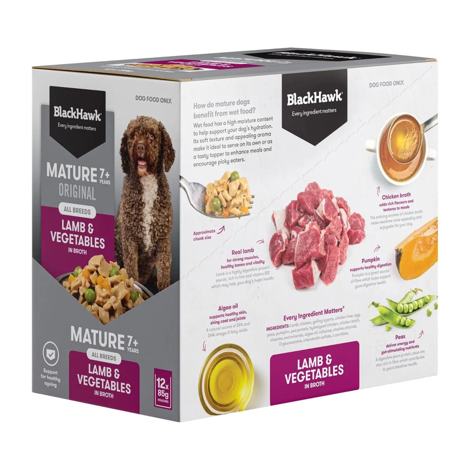 Black Hawk Dog Food Pouch Mature Lamb & Vegetables 12x85g Black Hawk