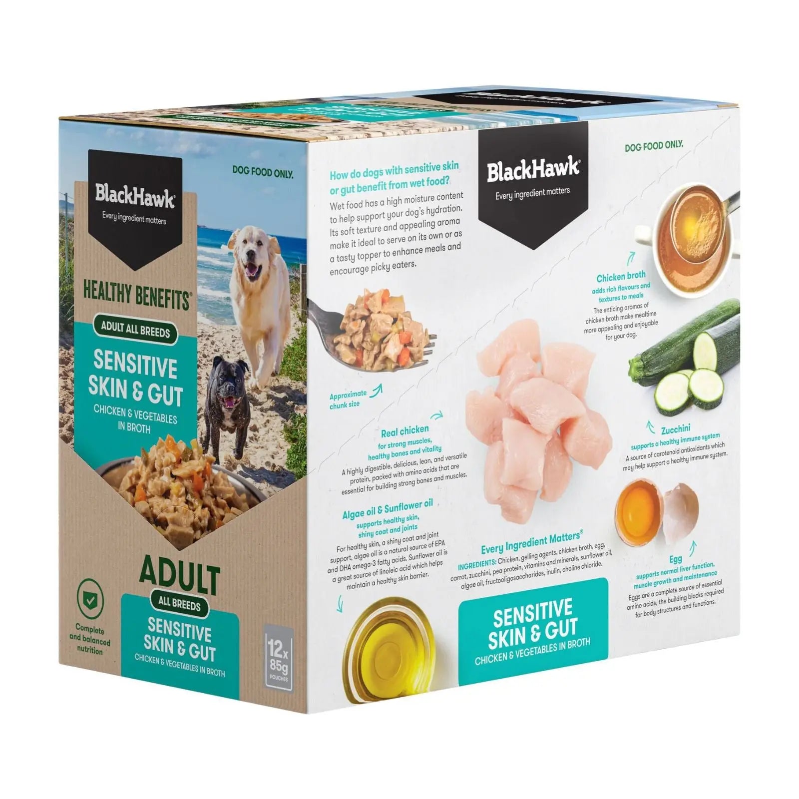 Black Hawk Healthy Benefits Dog Food Pouch Sensitive Skin & Gut 12x85g Black Hawk