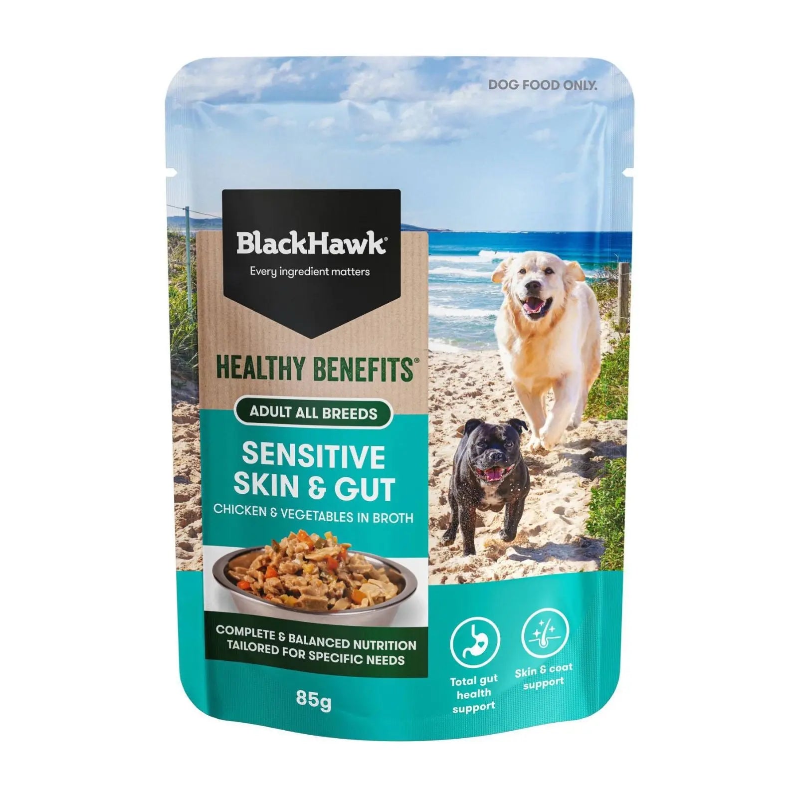 Black Hawk Healthy Benefits Dog Food Pouch Sensitive Skin & Gut 12x85g Black Hawk