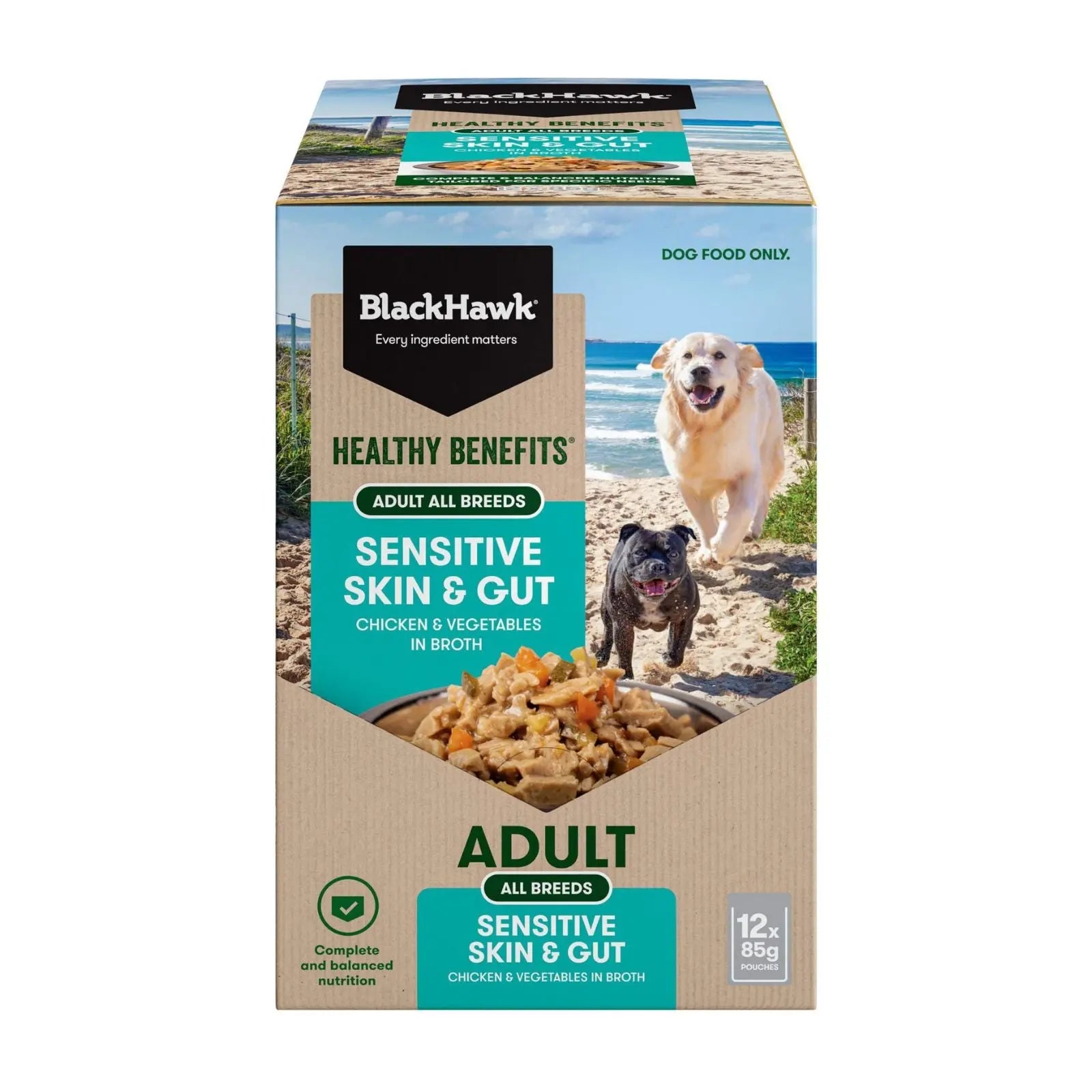 Black Hawk Healthy Benefits Dog Food Pouch Sensitive Skin & Gut 12x85g Black Hawk