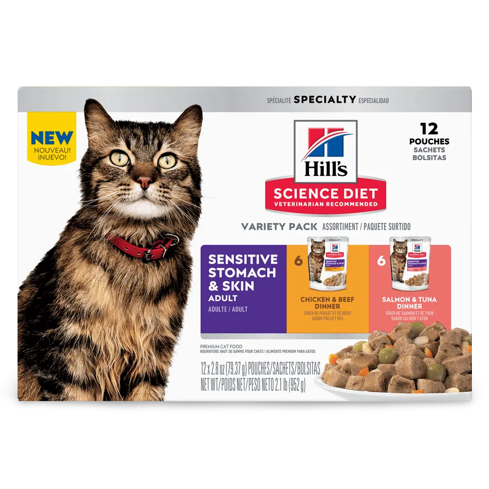 Hill's Science Diet Cat Food Adult Sensitive Skin & Stomach Variety Pack Pouches 12x79g Hills