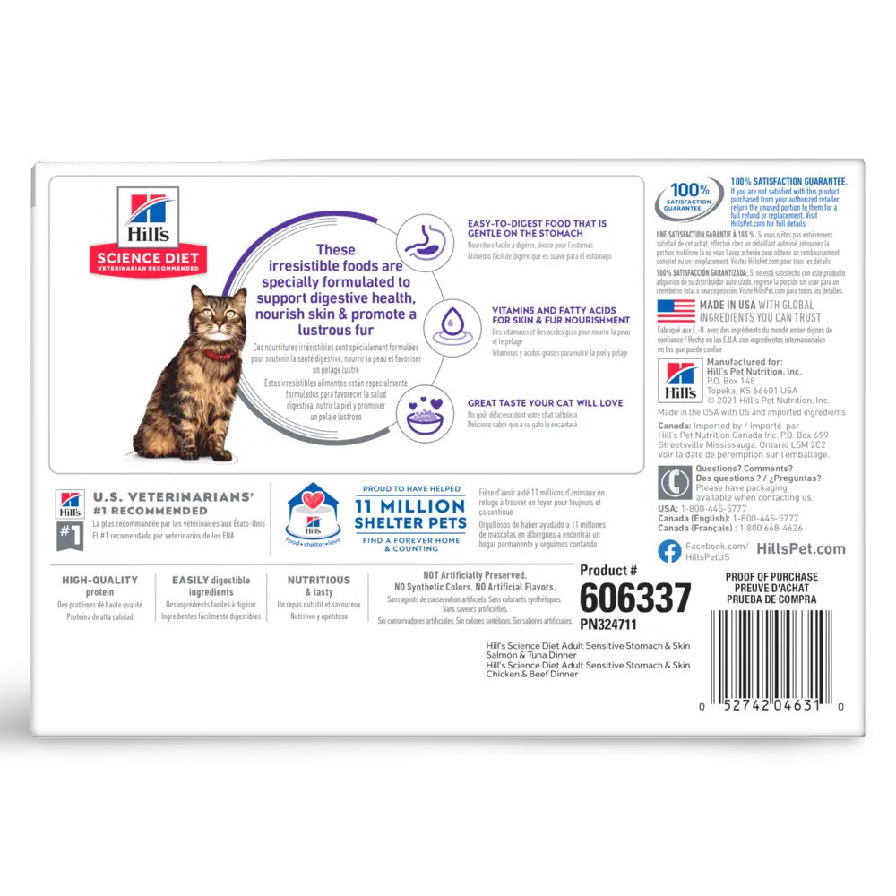 Hill's Science Diet Cat Food Adult Sensitive Skin & Stomach Variety Pack Pouches 12x79g Hills