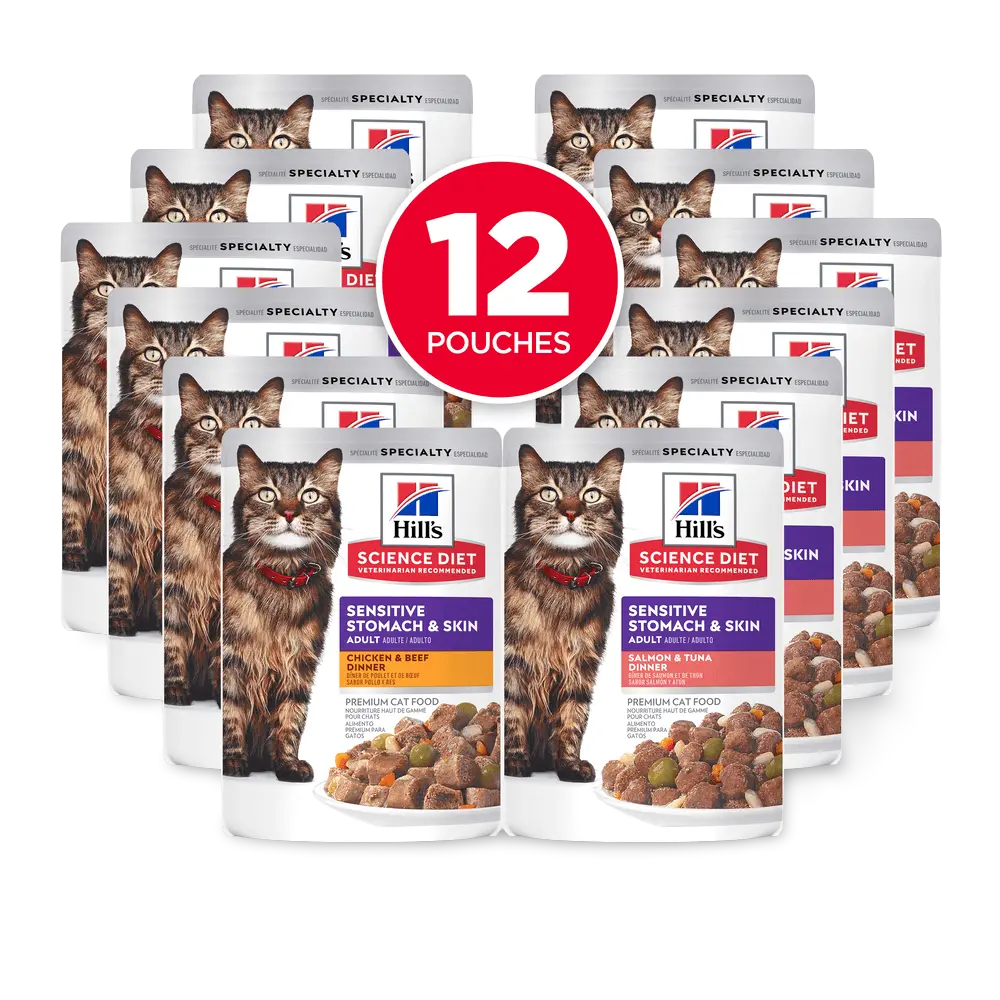 Hill's Science Diet Cat Food Adult Sensitive Skin & Stomach Variety Pack Pouches 12x79g Hills