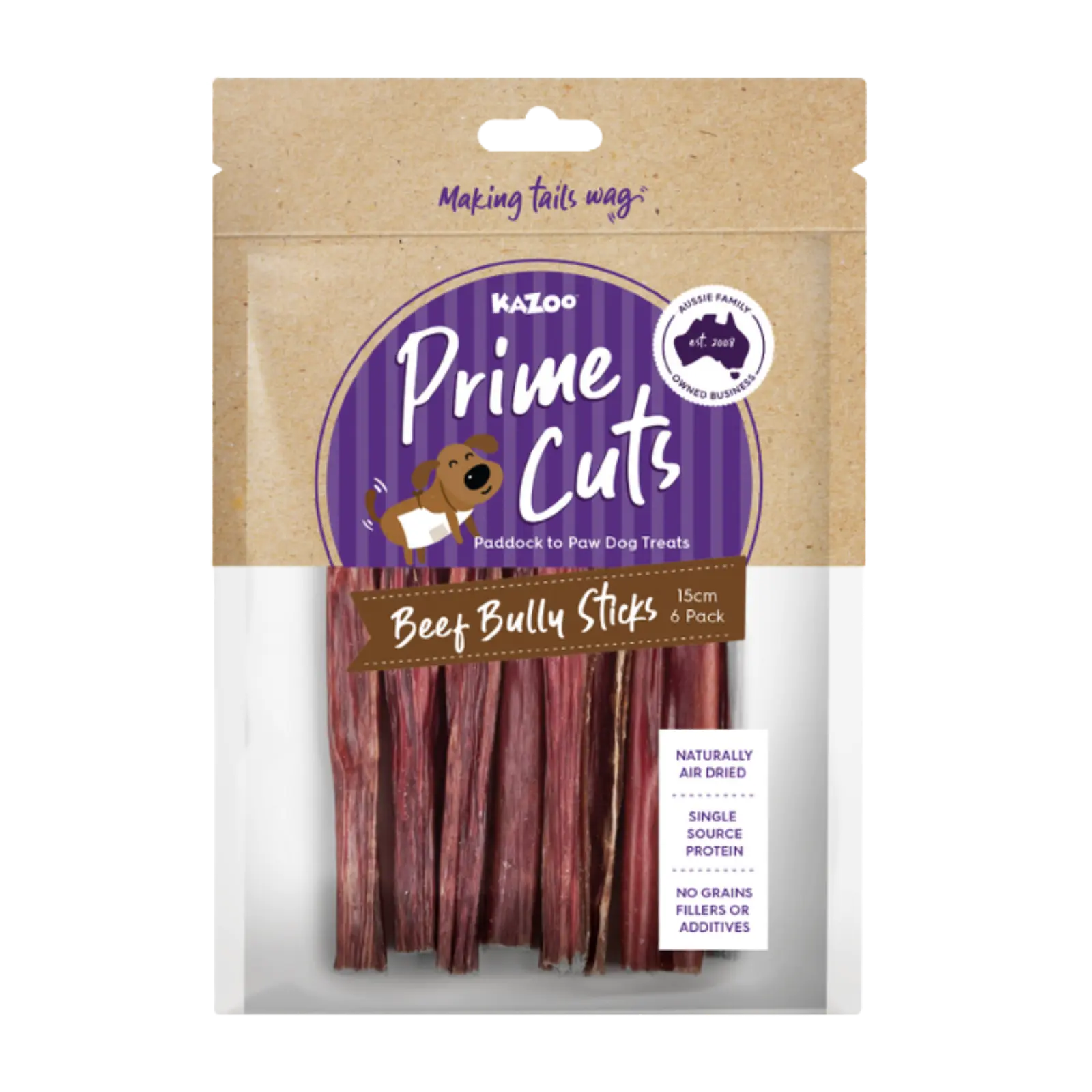 Kazoo Prime Cuts Beef Bully Sticks - 15cm 6pk Prime Cuts
