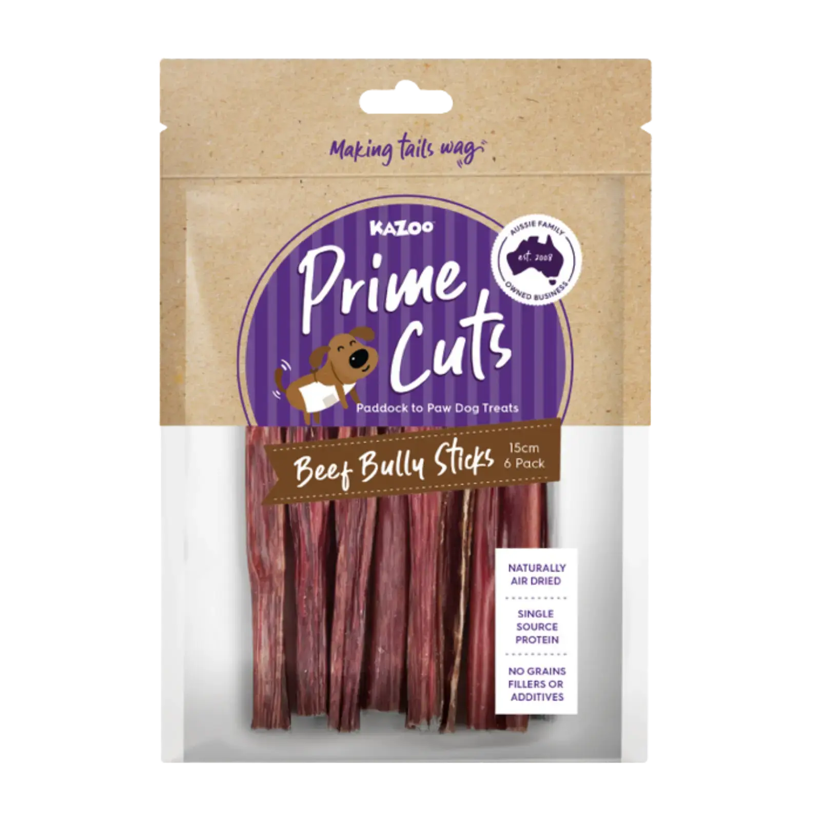 Kazoo Prime Cuts Beef Bully Sticks - 15cm 6pk Prime Cuts