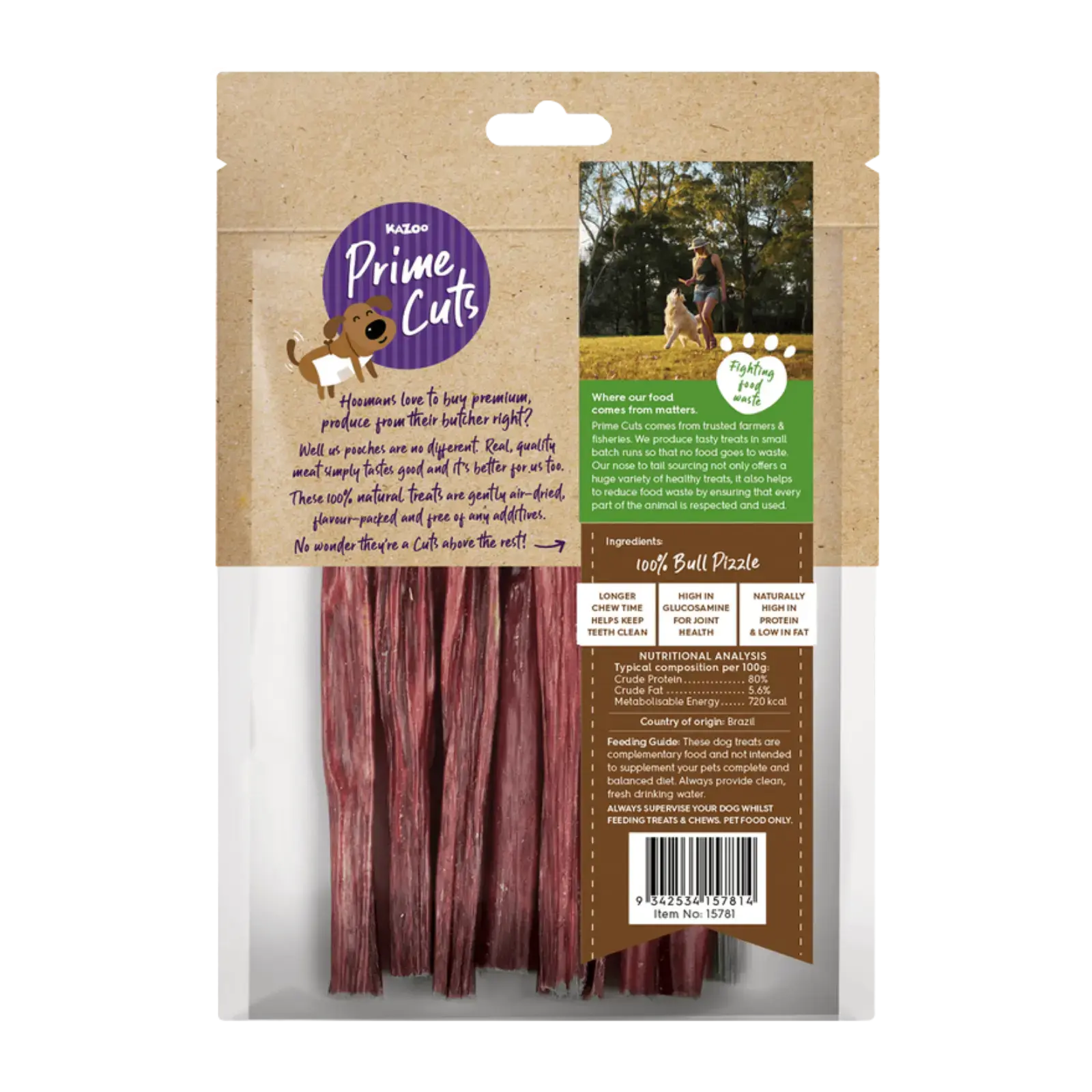 Kazoo Prime Cuts Beef Bully Sticks - 15cm 6pk Prime Cuts