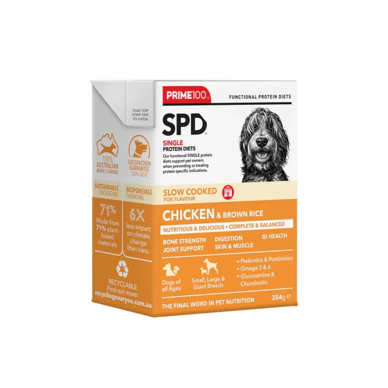 Prime100 SPD Slow Cooked Chicken & Brown Rice 354g - Kellyville Pets