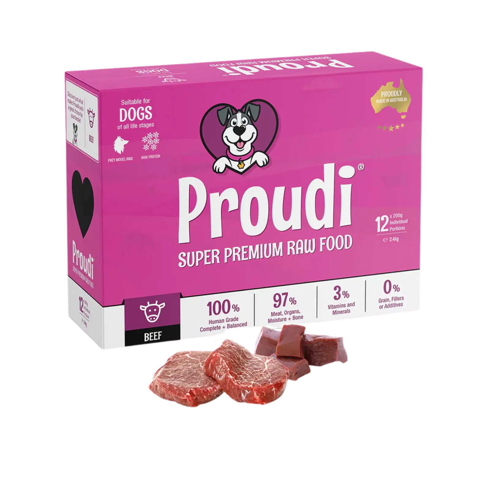 Proudi Single Protein Beef Raw Patties for Dogs - 12 x 200g Proudi