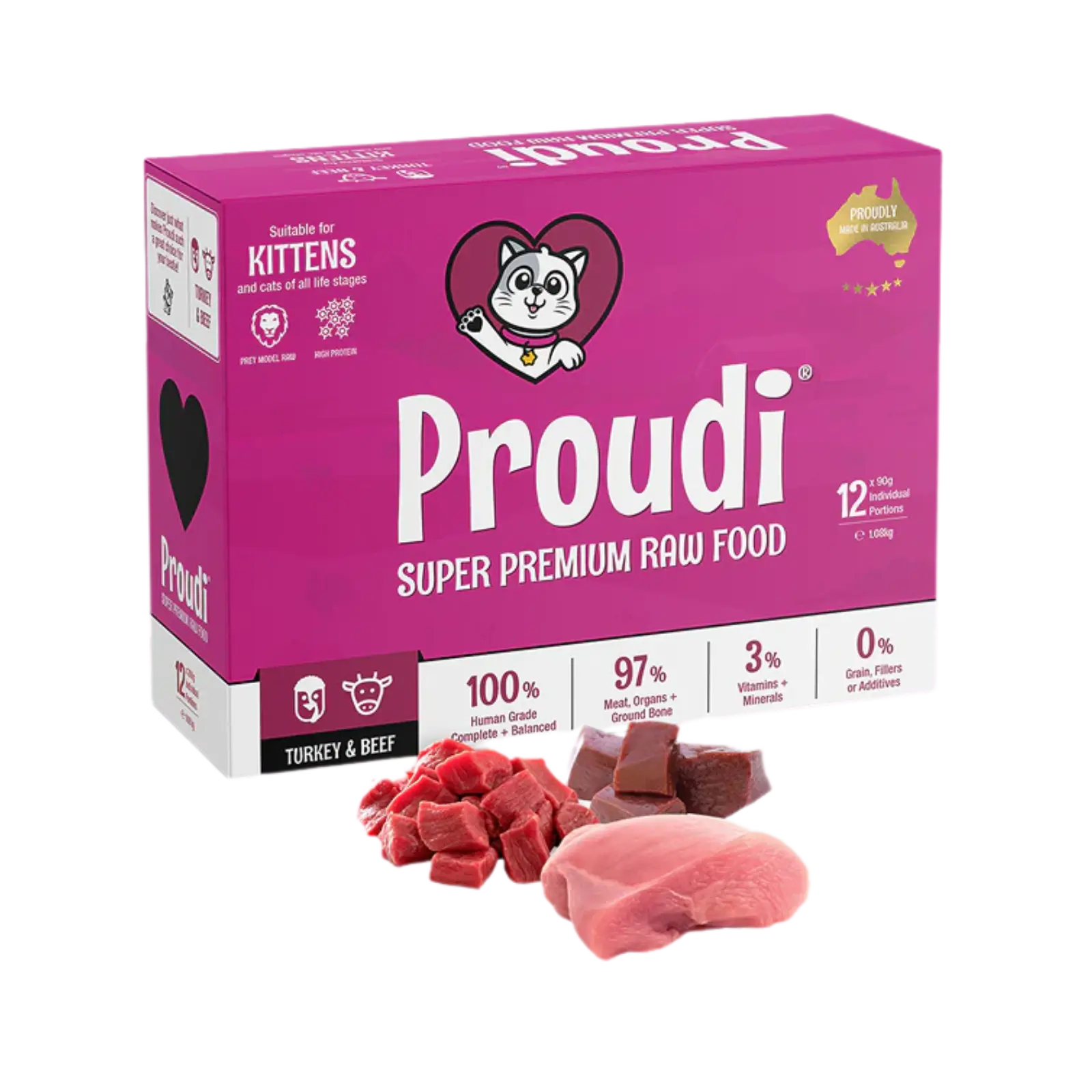 Proudi Turkey and Beef Raw Patties for Kittens - 12 x 90g Proudi