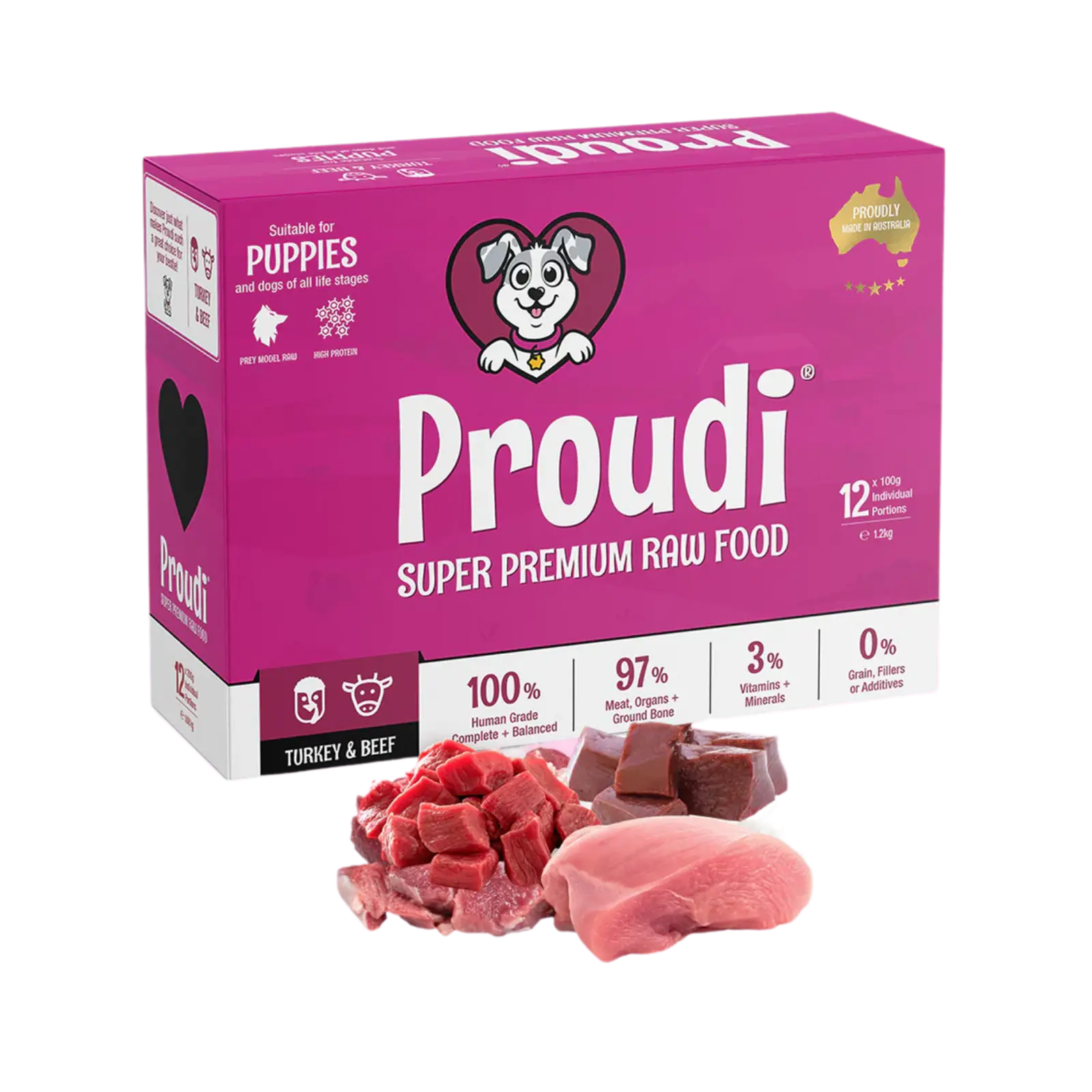 Proudi Turkey and Beef Raw Patties for Puppies - 12 x 100g Proudi