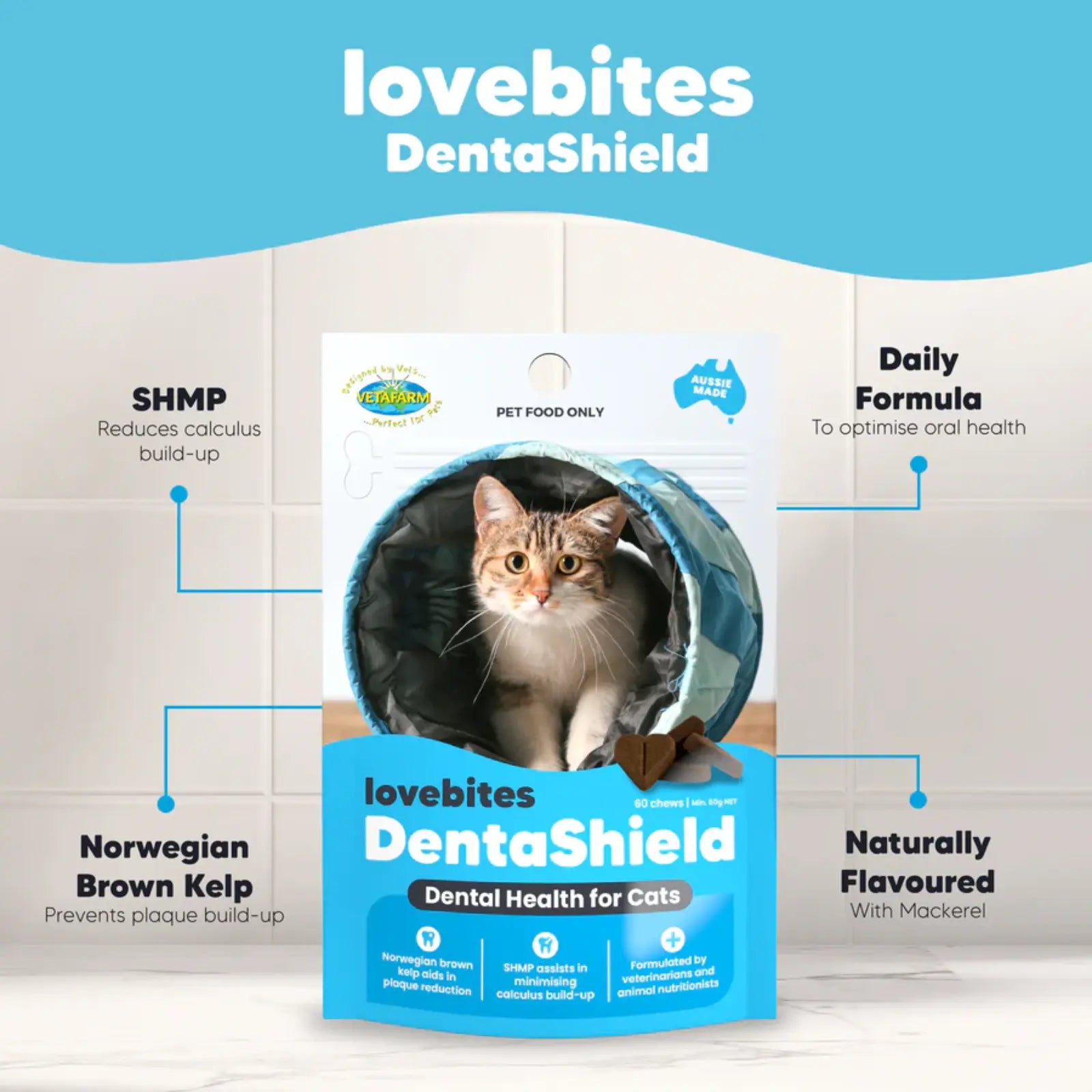 Vetfarm Lovebites DentaShield Chews for Cats 60 Pack Vetafarm