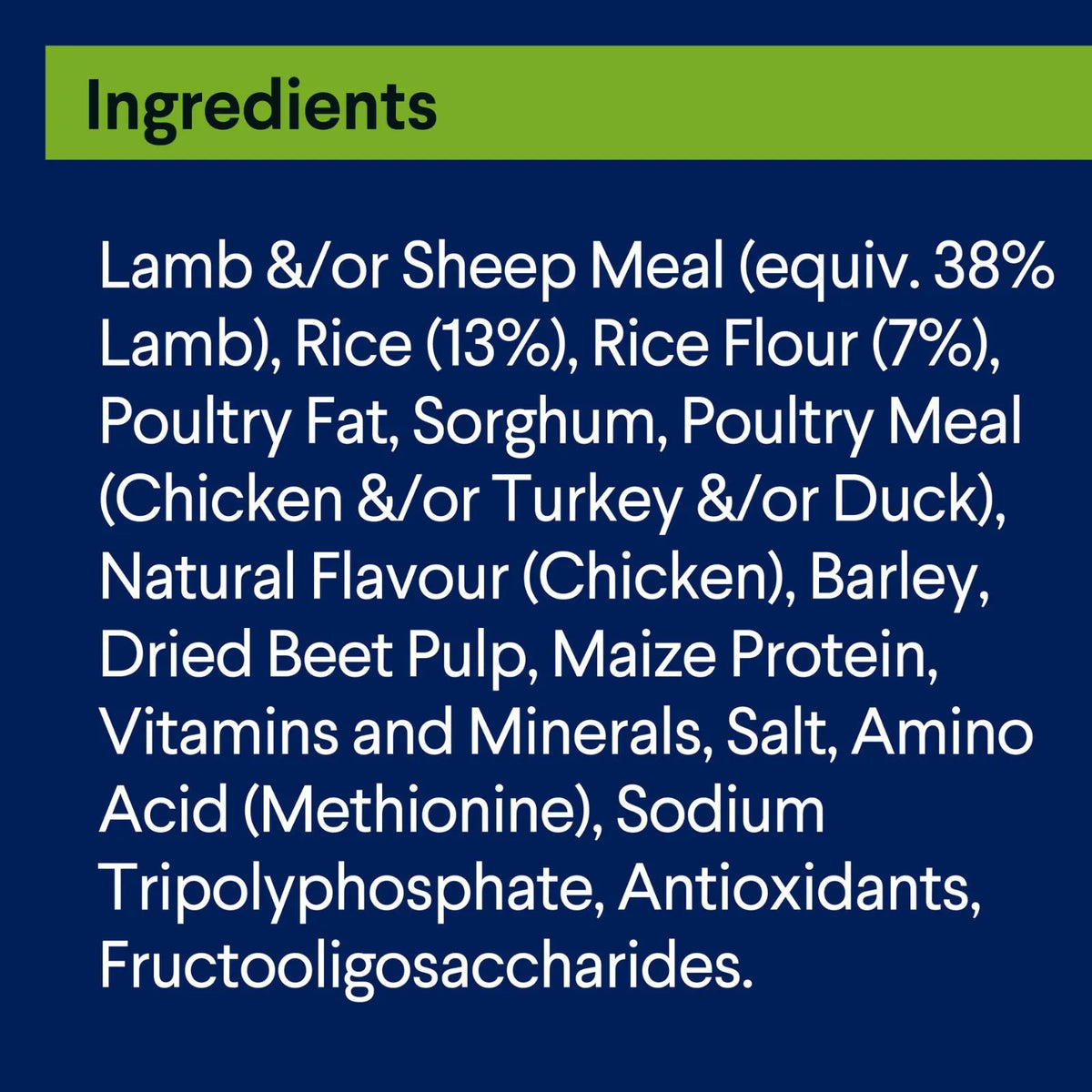 Ingredients list for Advance Adult All Breed Lamb with Rice dry dog food on a dark blue background with a green header reading 'Ingredients' and white text detailing components such as lamb/sheep meal, rice, rice flour, poultry fat, sorghum, poultry meal, barley, dried beet pulp, maize protein, vitamins and minerals, salt, amino acid methionine, sodium tripolyphosphate, antioxidants, and fructooligosaccharides.