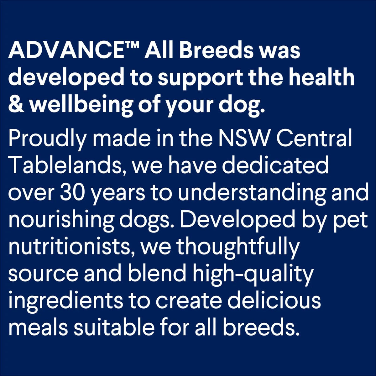 Text on a blue background about Advance All Breeds pet food