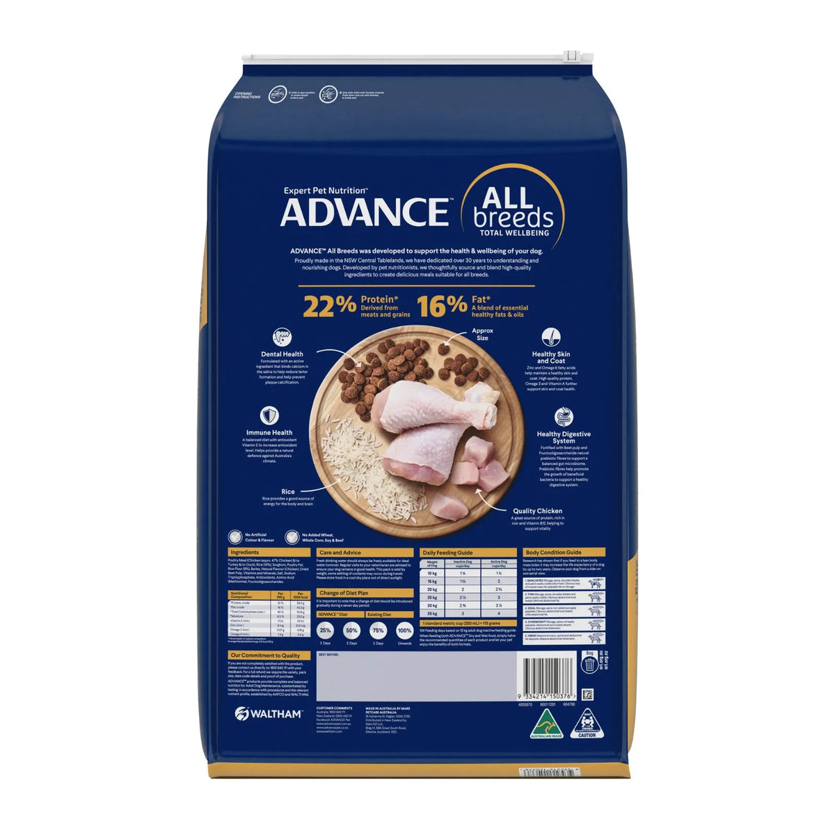 A large bag of Advance All Breeds dry dog food, shown from the back. The packaging is dark blue with white and yellow text, featuring a circular graphic of raw chicken and rice.