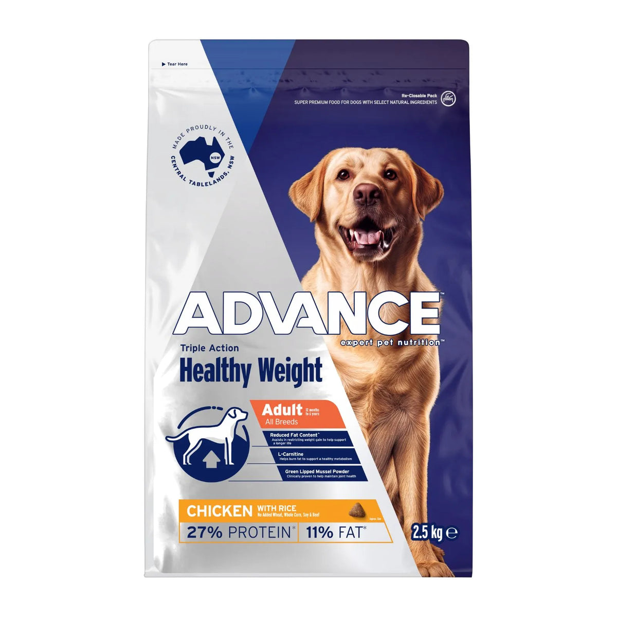 A 2.5 kg bag of Advance Healthy Weight Adult dog food, Chicken with Rice, on a plain white background.