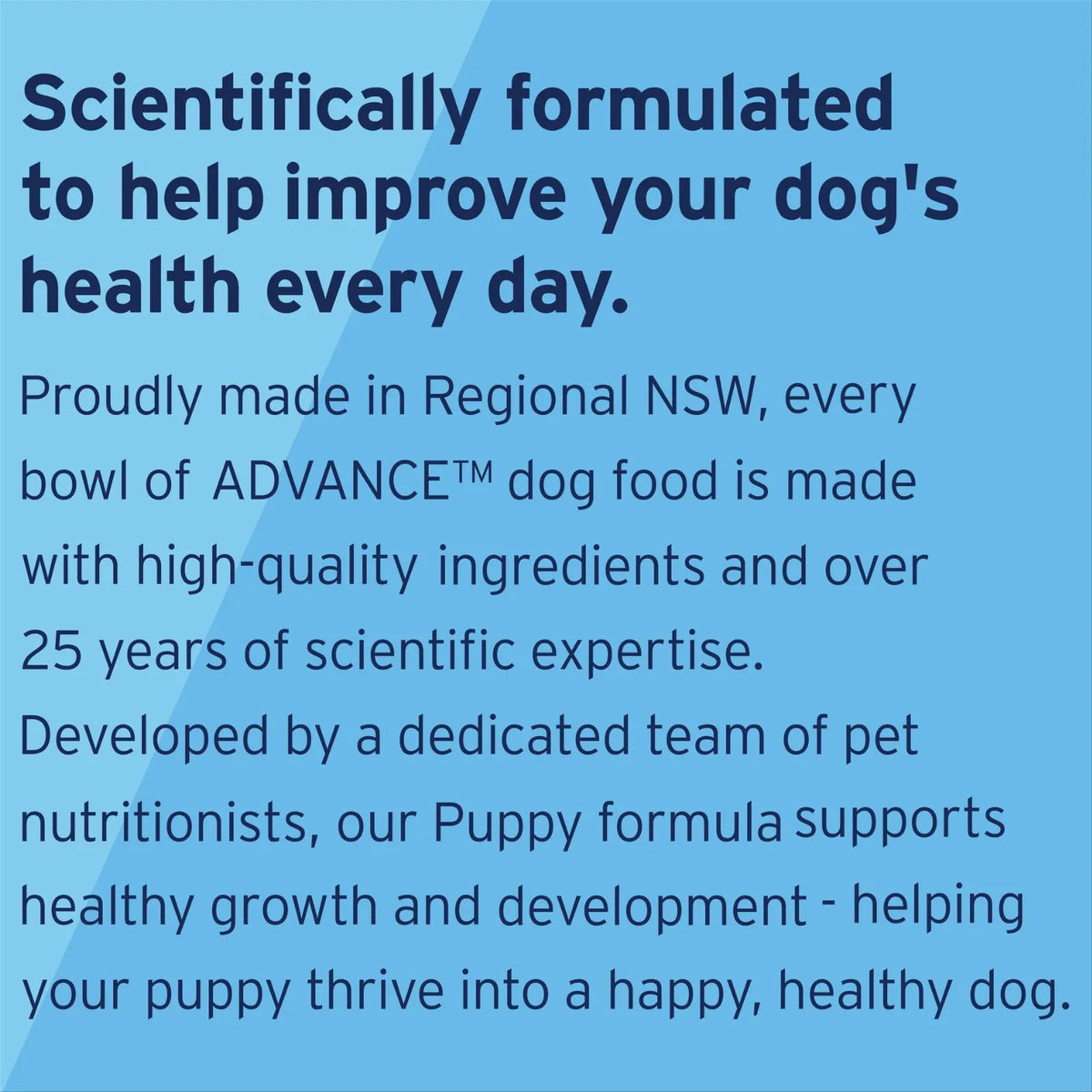 A blue promotional text graphic for dog food featuring dark navy lettering and a small ADVANCE logo near the bottom center.