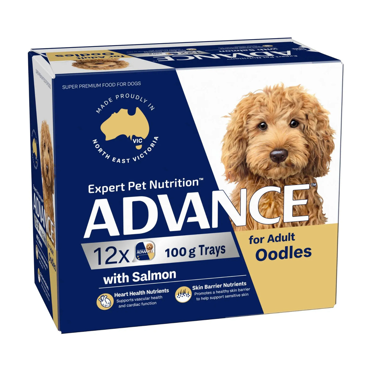 A box of Advance Adult Oodles dog food, Salmon flavor, containing 12 x 100g trays. The packaging features a navy blue and white design with a golden-yellow section on the right side, featuring a photo of a fluffy golden-brown poodle.