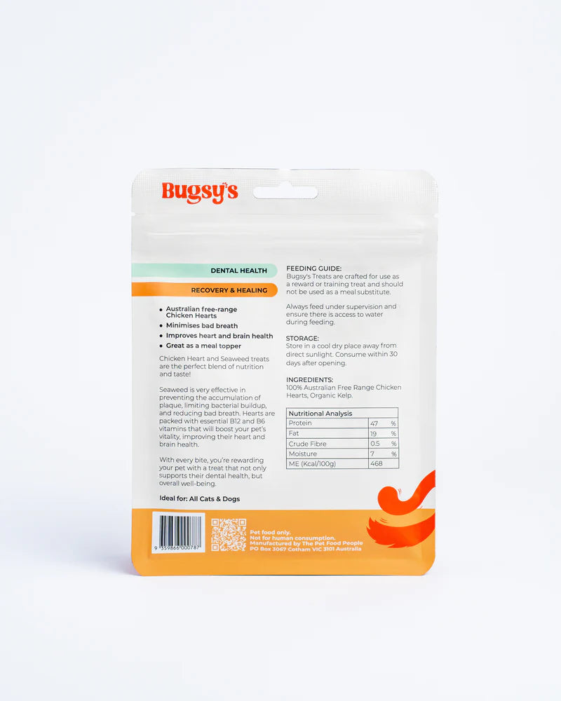 Bugsy's Chicken Heart & Seaweed Dog & Cat Treat - 100g