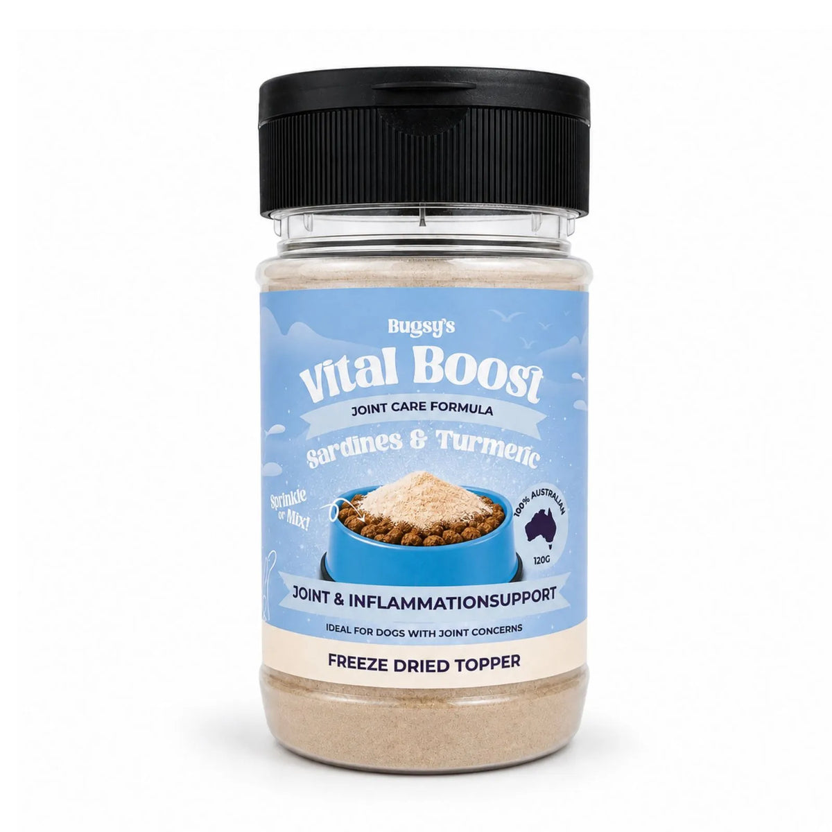 A bottle of Bugs' Vital Boost Joint Care Formula for dogs, featuring a light blue label with a black cap, containing freeze dried topper powder.