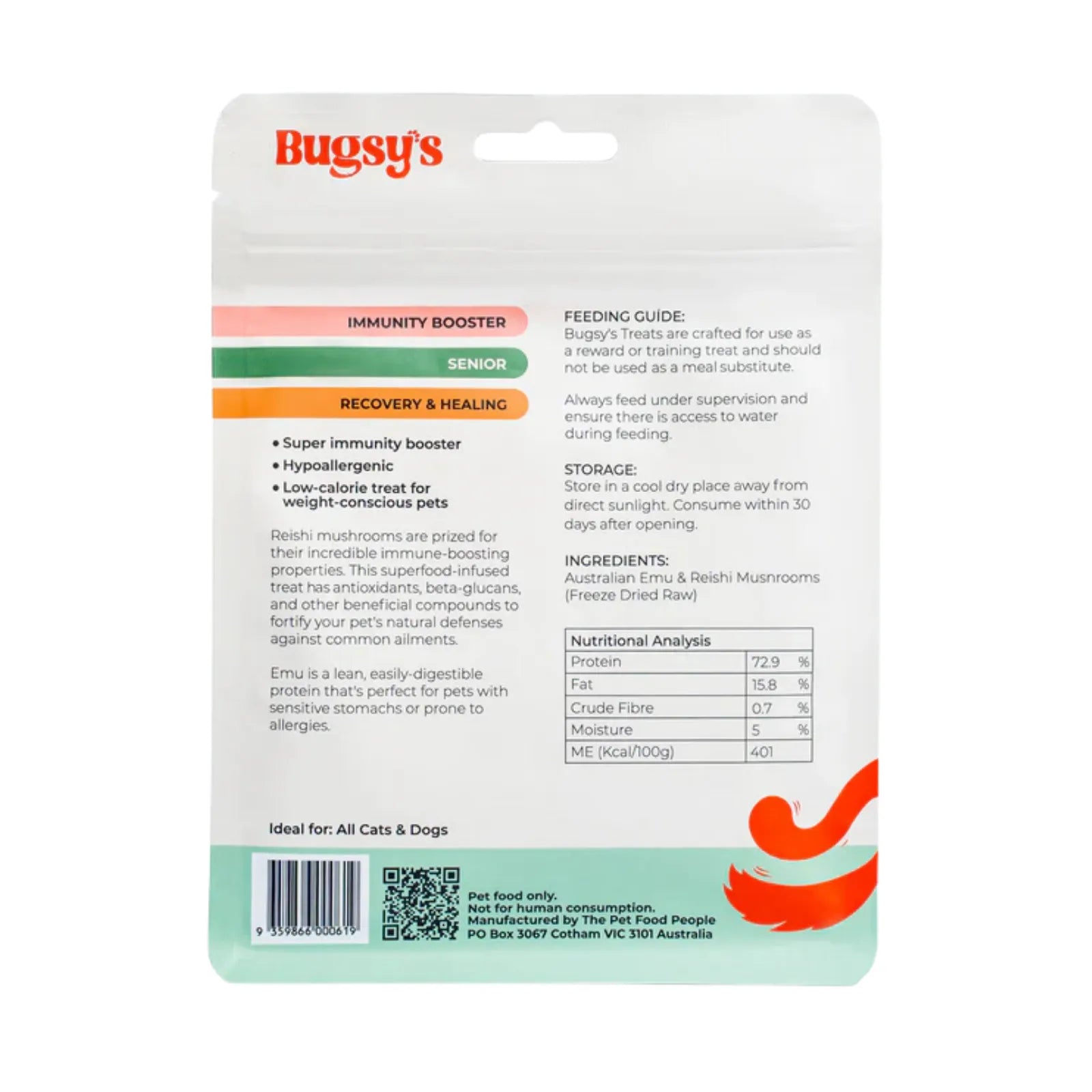 Bugsy's Freeze-Dried Immunity Booster Emu & Reishi Mushroom Dog & Cat Treat - 70g