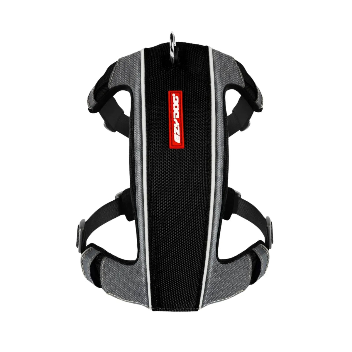 A black and gray dog harness with reflective silver stripes and a red vertical brand label