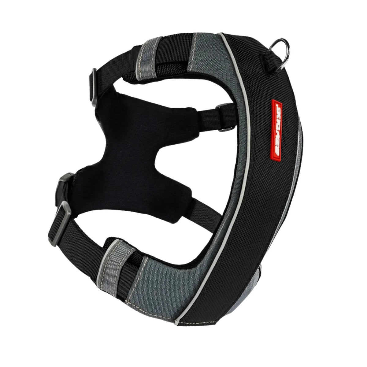 A black and gray dog harness with reflective gray stripes, adjustable straps, and a red vertical brand tag.