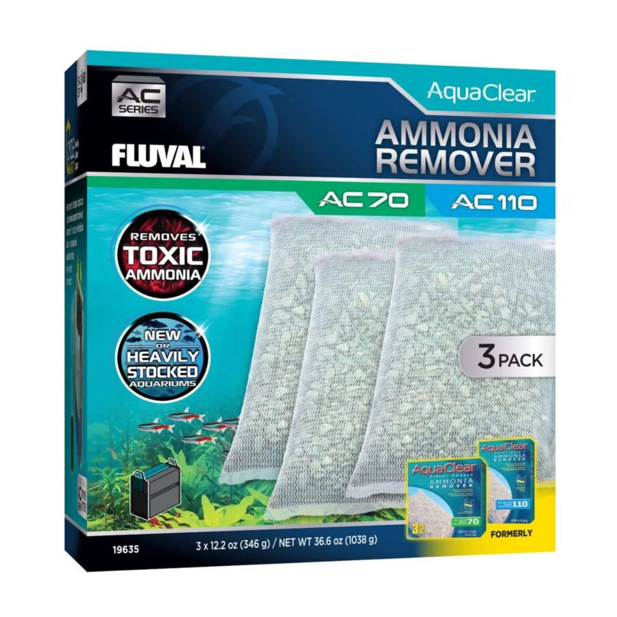 A 3-pack of Fluval AC Series AquaClear Ammonia Remover AC 70 and AC 110 filter media bags in their retail packaging box.