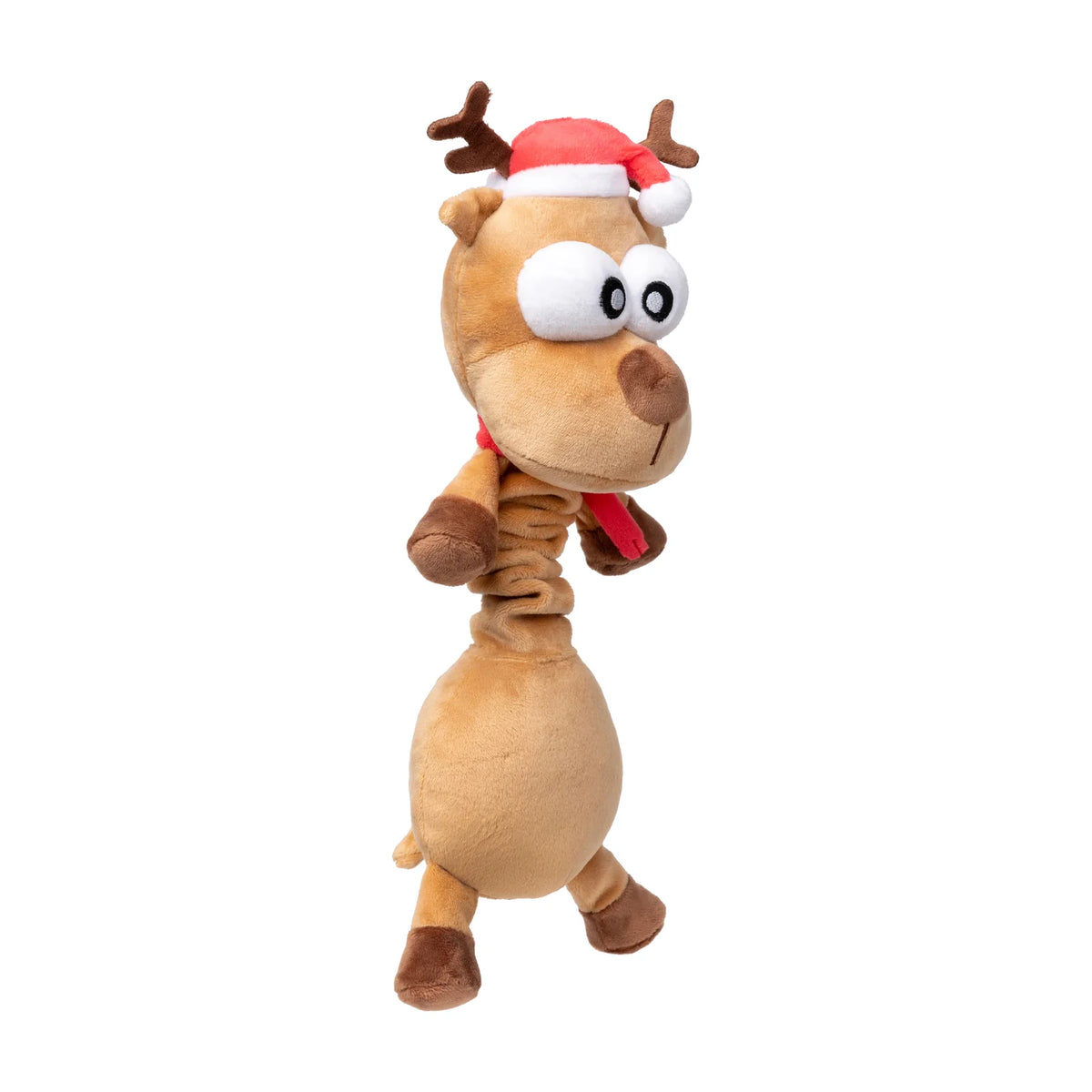A plush FuzzYard Domineck The Reindeer long-necked Christmas dog toy shaped like a reindeer with a long neck, wearing a red Santa hat and red scarf, isolated on a white background.