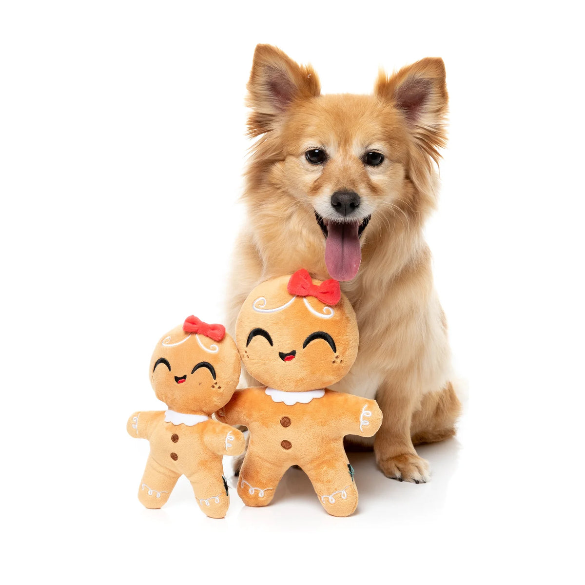 A small fluffy tan dog sits on a white studio background next to two FuzzYard Doughlilia gingerbread Christmas dog plush toys with red bows and smiling faces.