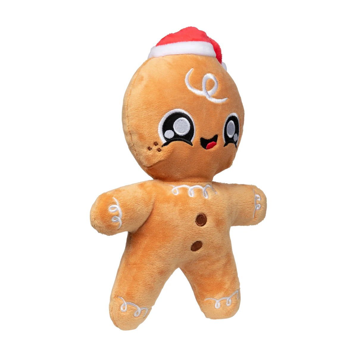 A plush FuzzYard Doughminic gingerbread Christmas dog toy shaped like a gingerbread person wearing a red and white Santa hat, isolated on a white background.