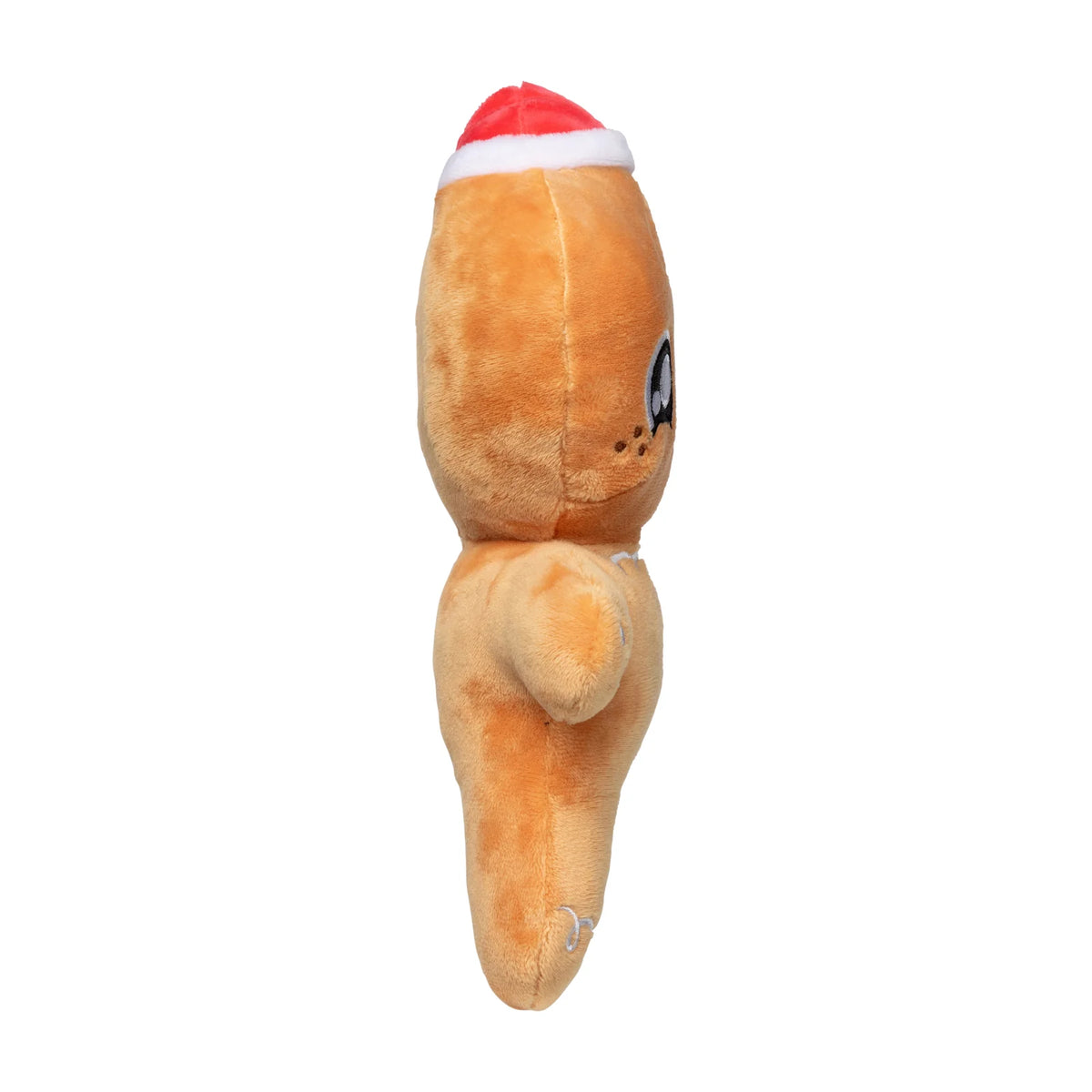 A plush FuzzYard Doughminic gingerbread Christmas dog toy shaped like a cinnamon stick, made of soft tan-brown fabric, wearing a red and white Santa hat, shown against a plain white background.
