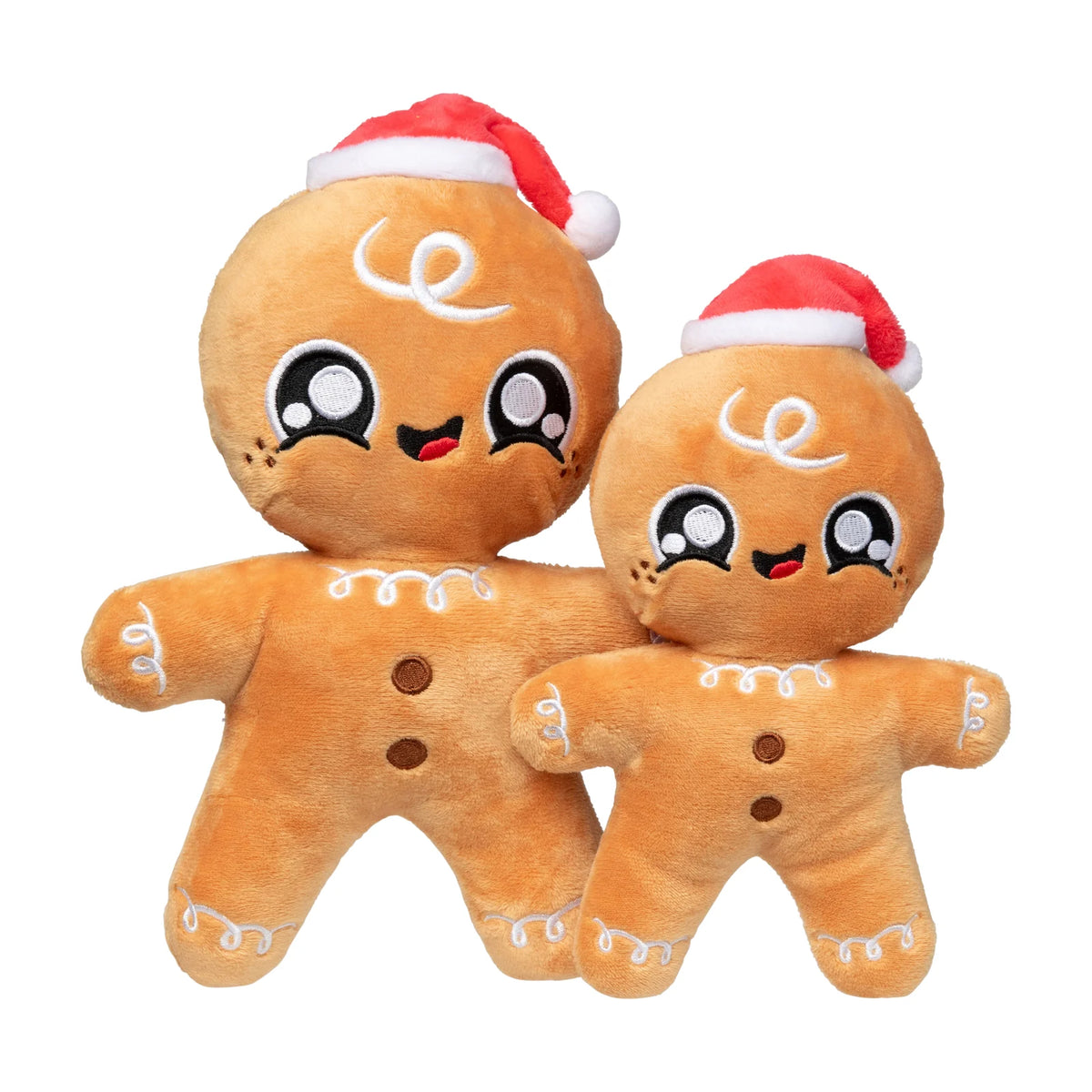 Two plush FuzzYard Doughminic gingerbread Christmas dog toys in different sizes, wearing red and white Santa hats, on a plain white background.