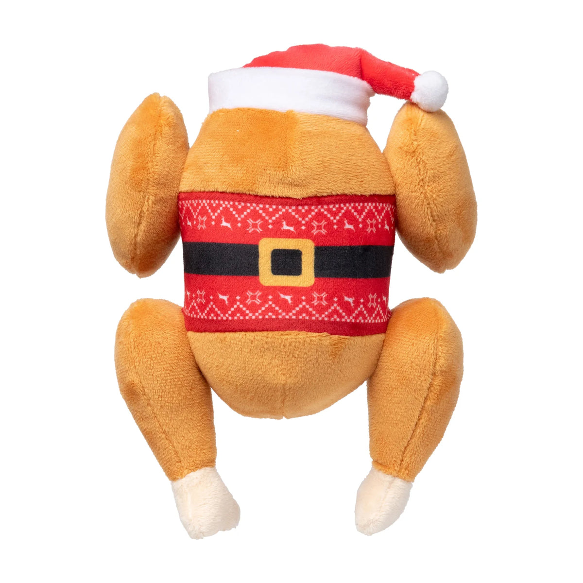 A FuzzYard Fairisle Turkey plush Christmas dog toy shaped like a roasted turkey, wearing a red Santa hat with a white trim and a red holiday sweater with a black belt and gold buckle, isolated on a white background.
