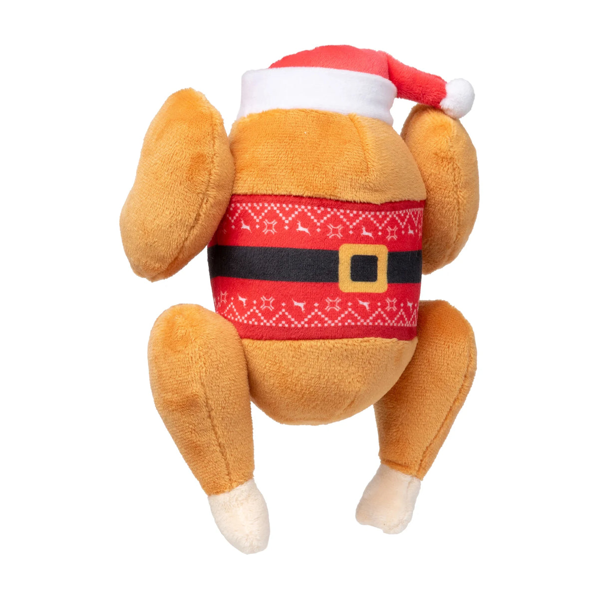 A FuzzYard Fairisle Turkey plush Christmas dog toy shaped like a roasted chicken wearing a red Santa hat and a red holiday belt with a black stripe and gold buckle, shown on a plain white background.
