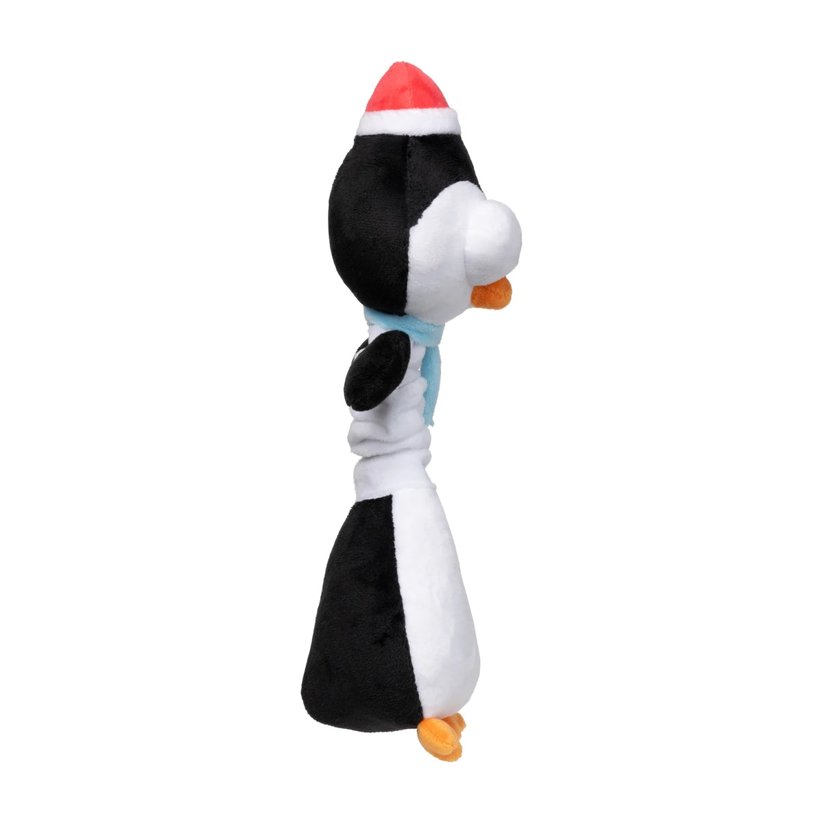 A plush FuzzYard Christmas Finneck The Penguin long-necked plush dog toy shown from the back, wearing a red and white Santa hat and a light blue scarf, on a plain white background.