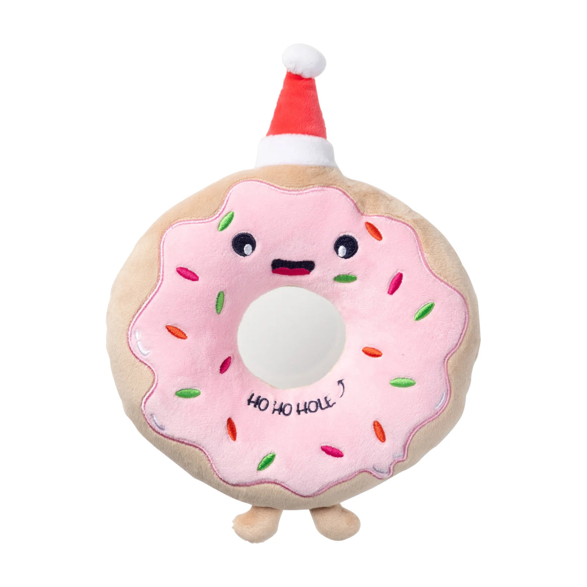 A plush FuzzYard Ho Ho Donut Christmas Dog Toy with pink frosting, colorful sprinkles, a cute embroidered face, and a red Santa hat, shown on a plain white background.