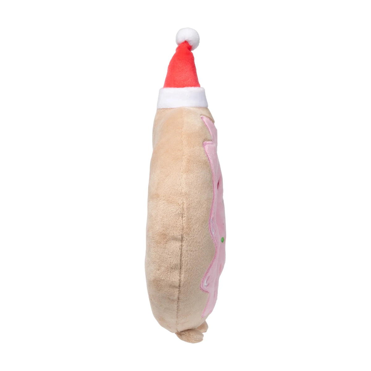 A FuzzYard Ho Ho Donut Christmas Dog Toy in beige with pink icing details and a red and white Santa hat, shown against a plain white background.