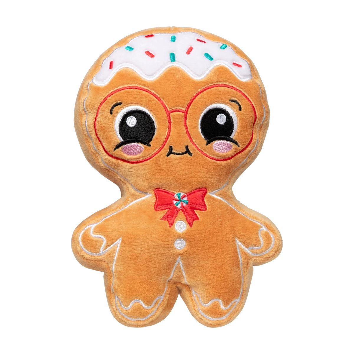A plush FuzzYard Jinglebread gingerbread Christmas dog toy with white icing on top, red-rimmed glasses, a red bow tie with a small green and white star accent, and white icing outlines, shown on a plain white background.