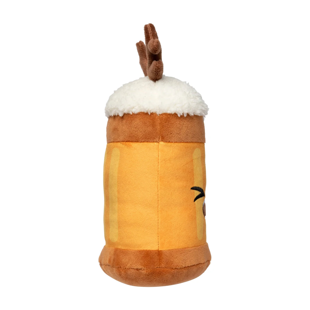 A plushFuzzYard Jolly Reinbeer reindeer Christmas dog toy shaped like a frothy beer mug, featuring a golden yellow body, brown base, white faux-fur top, and small brown antler-like details on the foam, shown on a plain white background.