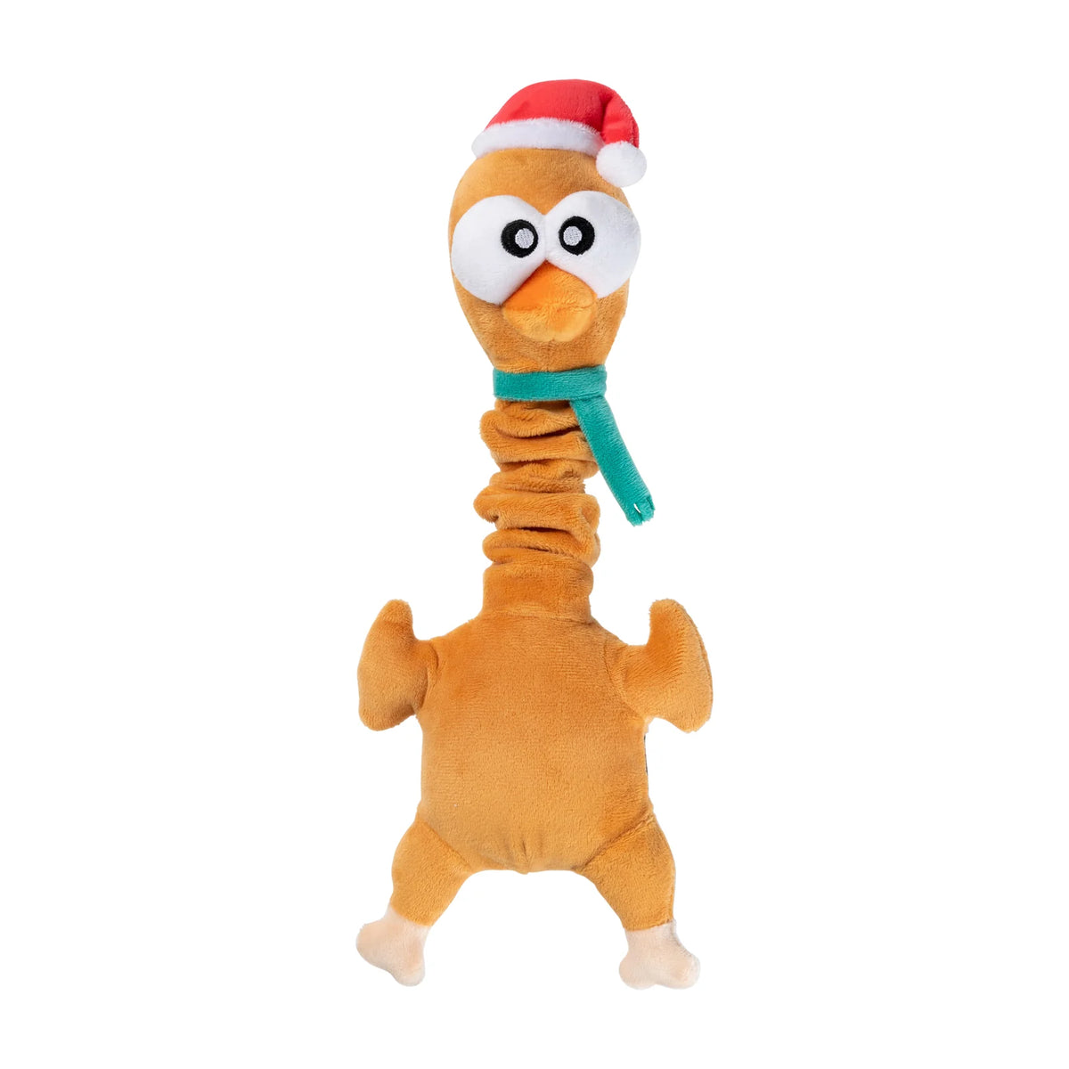 A plush FuzzYard Monecka The Turkey long-necked Christmas dog toy with a wrinkled neck, wearing a red Santa hat and a teal scarf, on a solid white background.