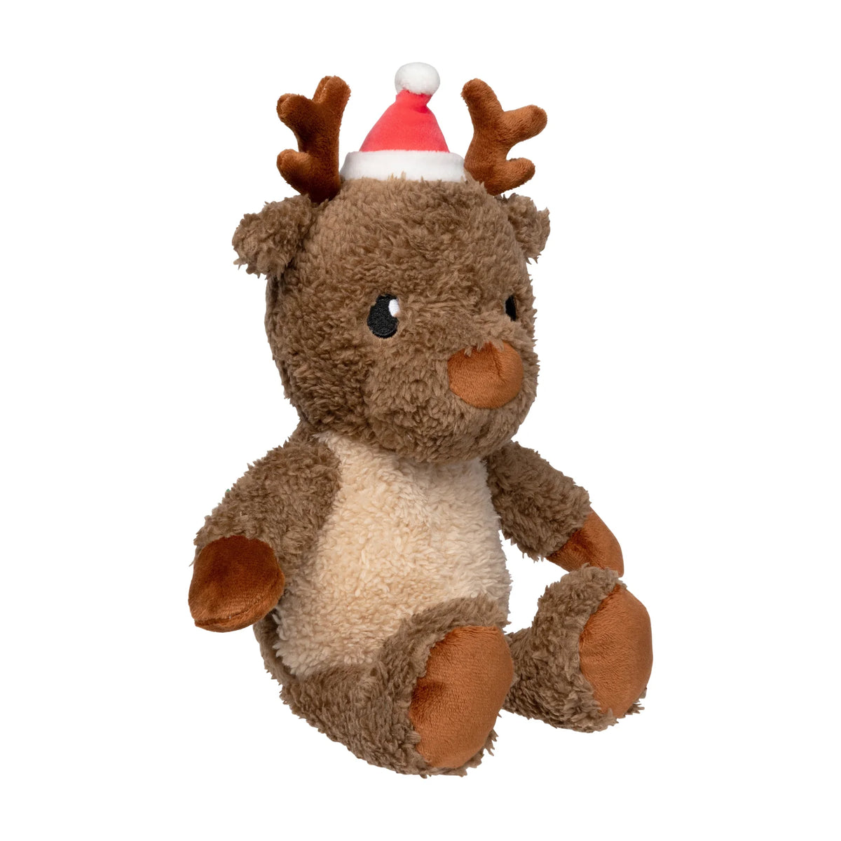 A FuzzYard Ralph The Reindeer plush Christmas dog toy styled as a reindeer with brown antlers, a red and white Santa hat, and a cream-colored belly, shown against a plain white background.