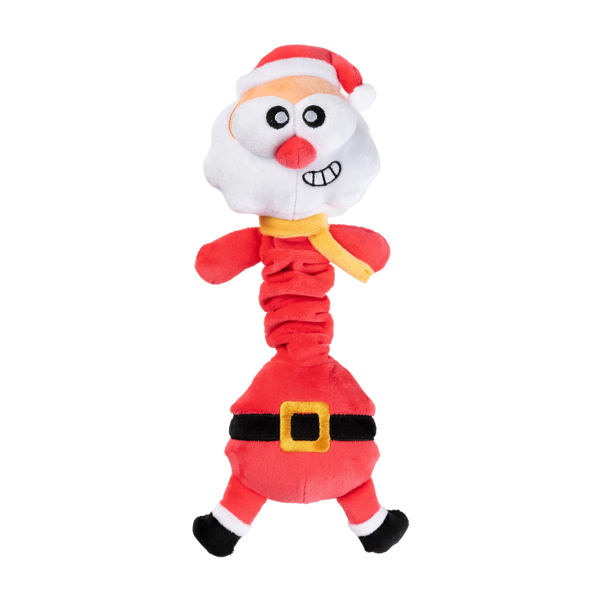 A plush FuzzYard Saint Neckolas long-necked Santa Christmas dog toy with a red body, white beard, red hat, yellow scarf, and black belt with a gold buckle, shown on a plain white background.