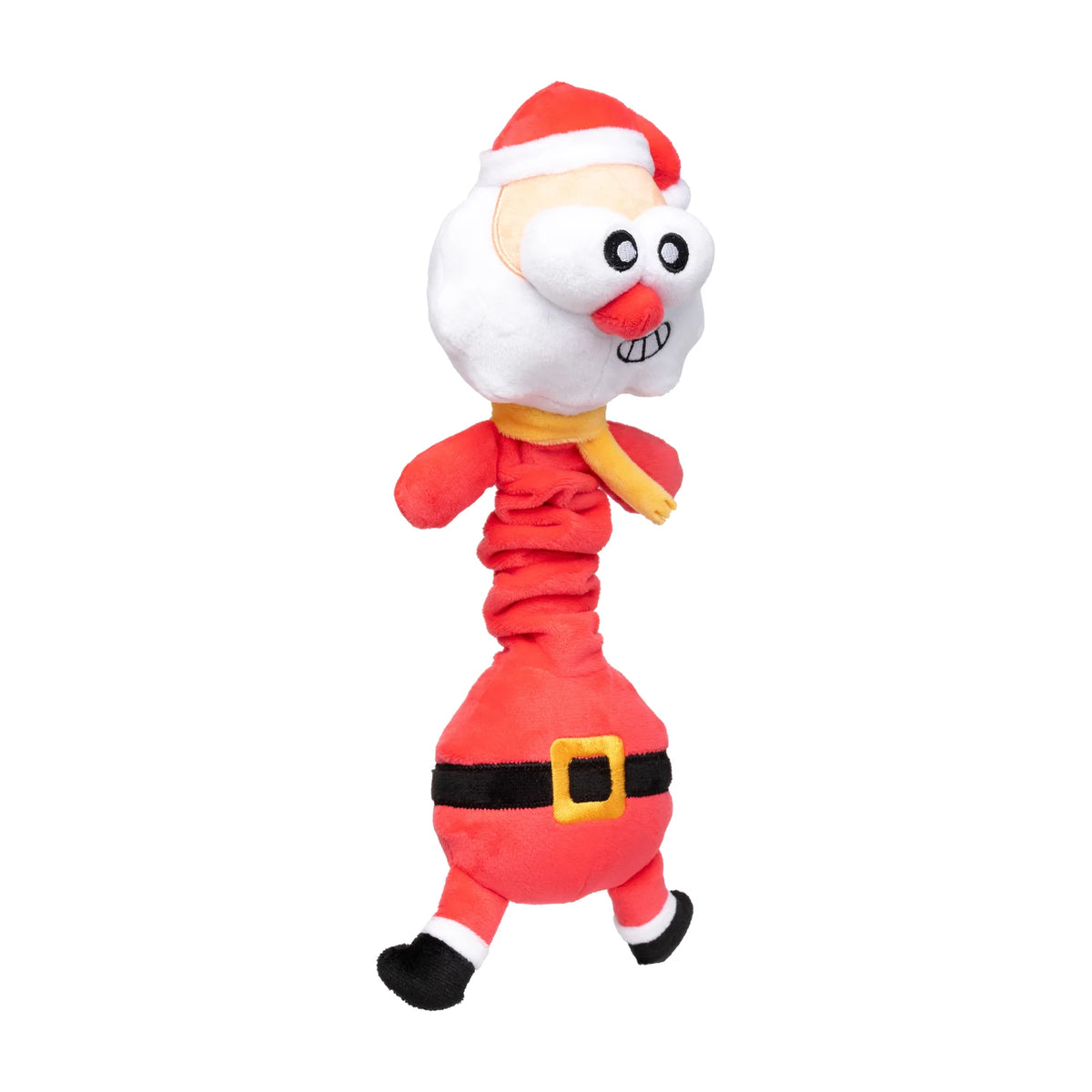 A FuzzYard Saint Neckolas long-necked squishy Santa Christmas dog toy with a red suit, white beard, yellow scarf, and black-and-red belt, shown on a plain white background.