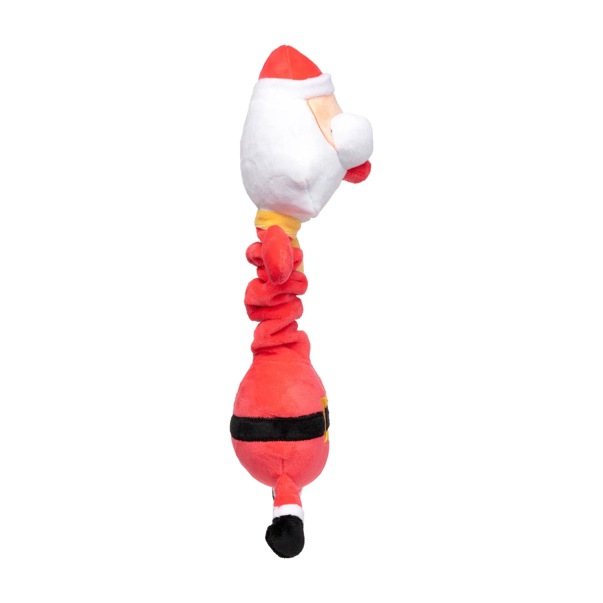 A plush FuzzYard Saint Neckolas long-necked Santa Christmas dog toy with a red body, white head, red hat, black belt, and yellow collar, shown against a plain white background.