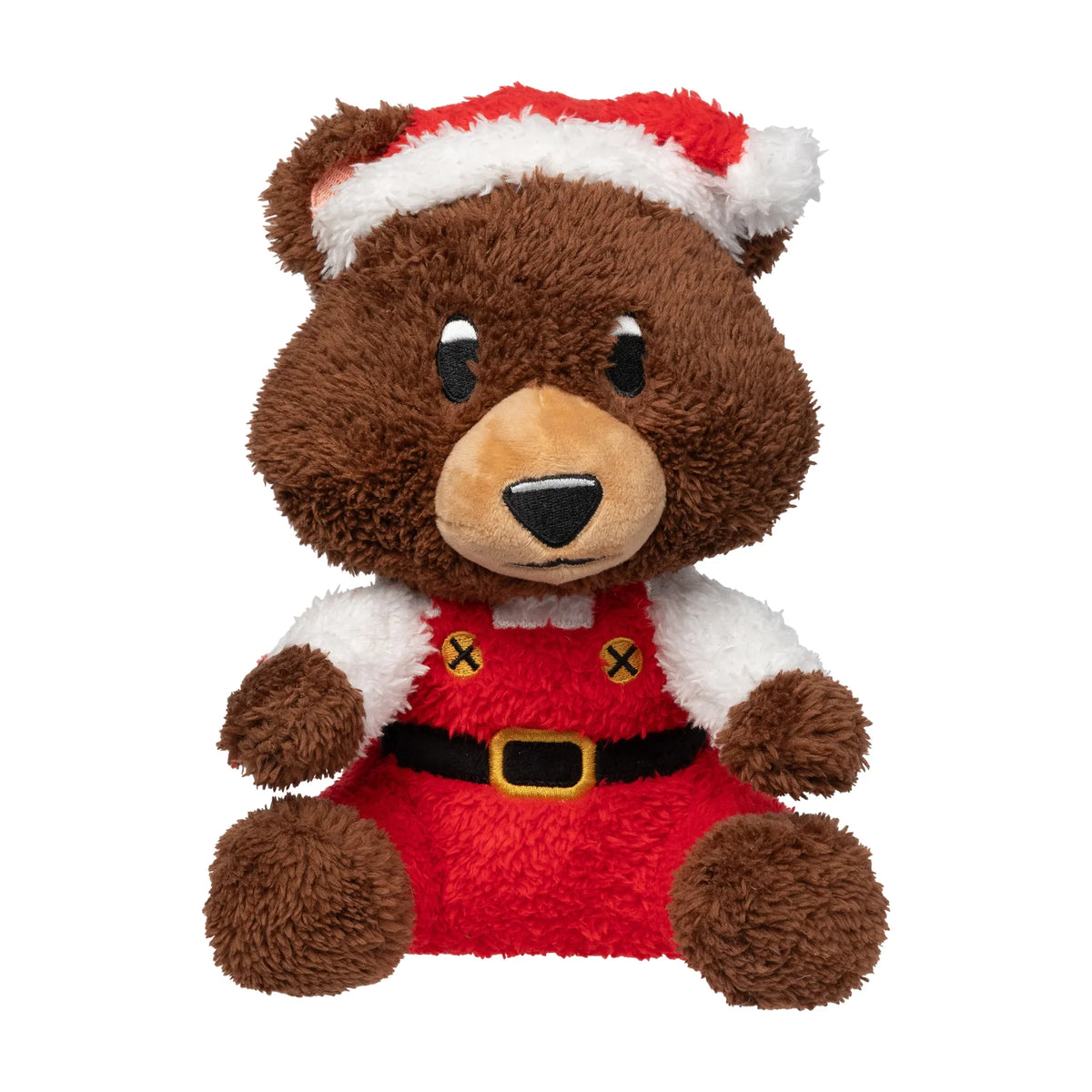 A FuzzYard Santa Fuzz Bear plush Christmas dog toy wearing a red Santa hat and red overalls with a black belt, photographed against a plain white background.