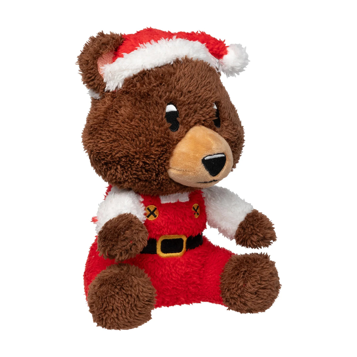 A FuzzYard Santa Fuzz Bear plush Christmas dog toy wearing a red and white Santa hat and red holiday outfit with a black belt, photographed on a plain white background.