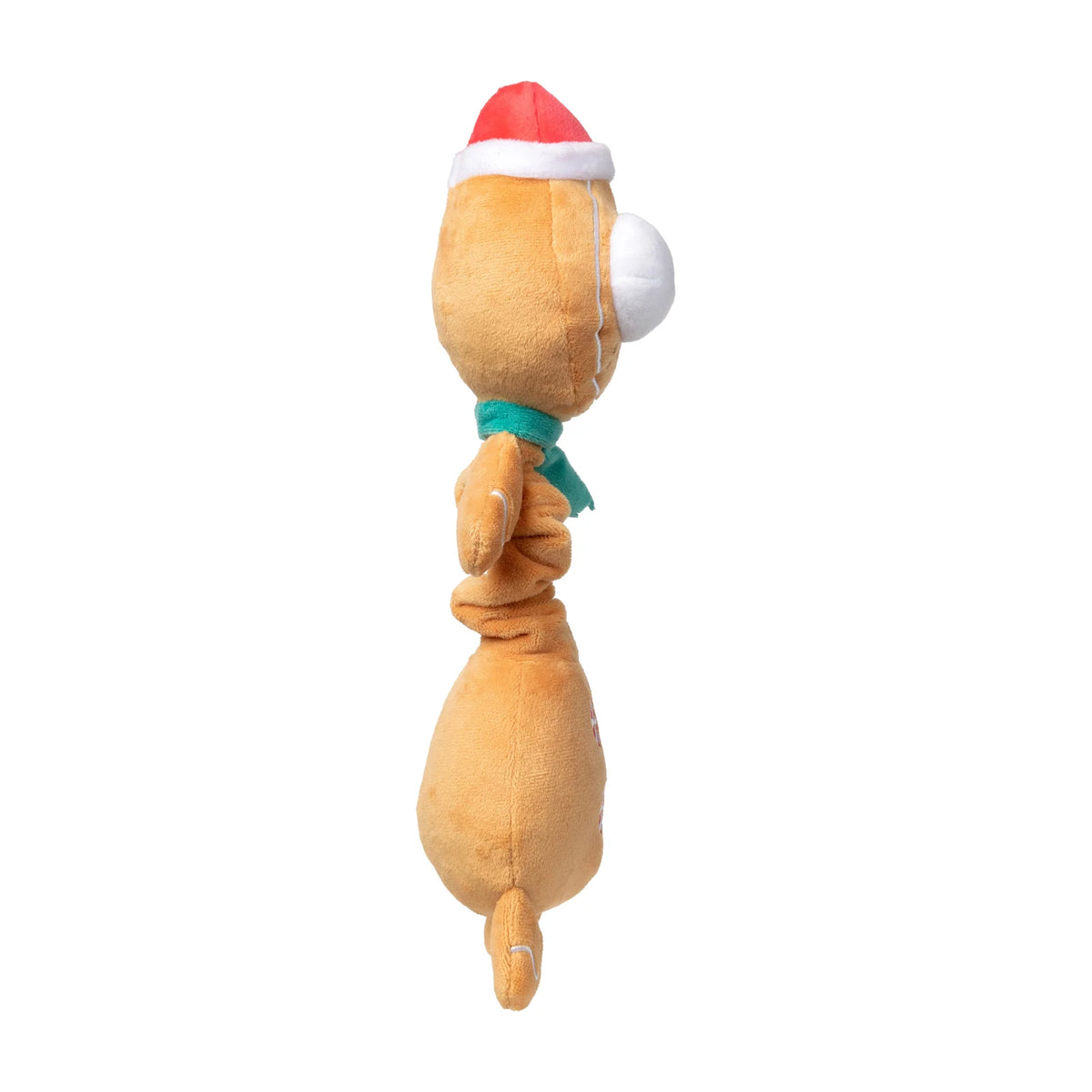 A plush FuzzYard Christmas Veronecka long-necked gingerbread dog toy with Santa hat and green scarf shown from the back, featuring a tan body, a red and white Santa hat, a green scarf, and a white snout, isolated on a white background.